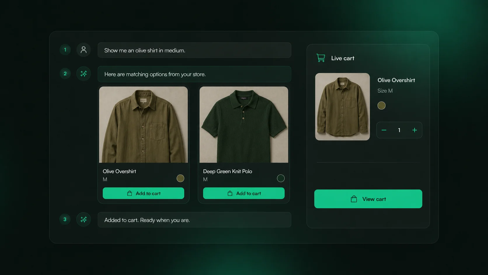 AI shopping assistant answering size, colour and price questions and adding to cart