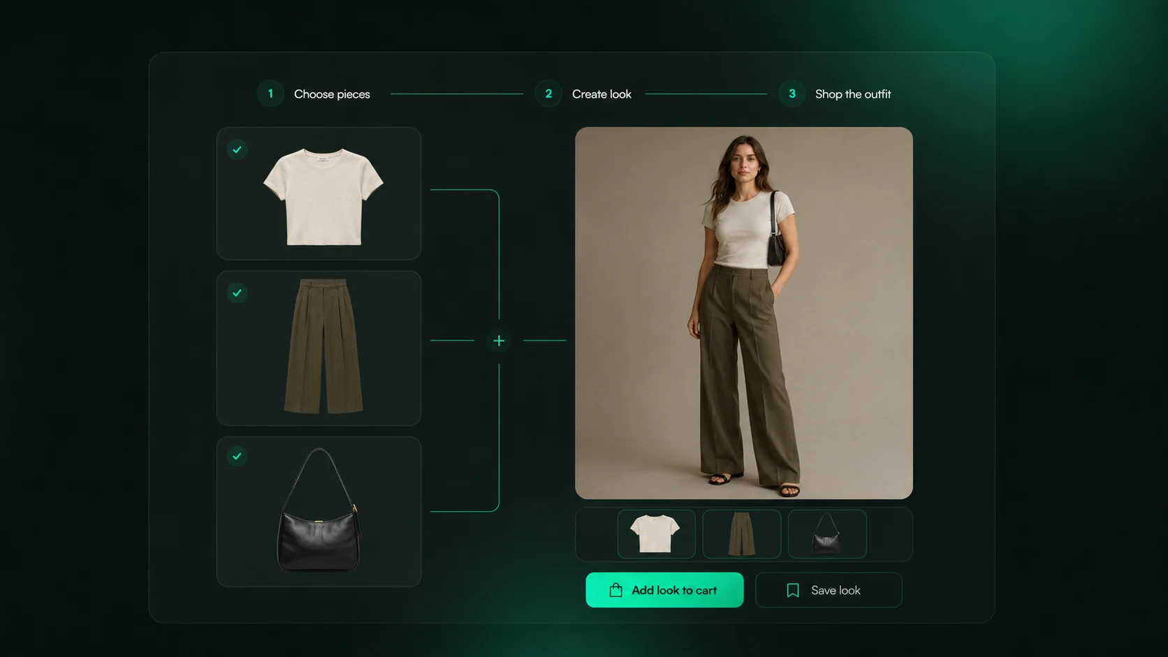 AI look creator assembling a complete shoppable outfit on the shopper