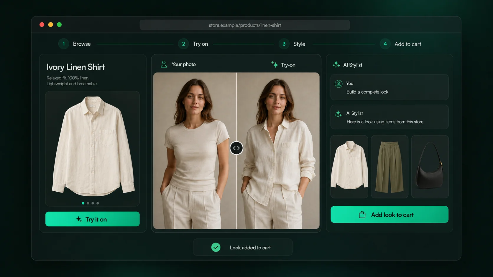 Nova Vision on a Shopify store — product page with try-on, before/after result, and an AI stylist building a shoppable look